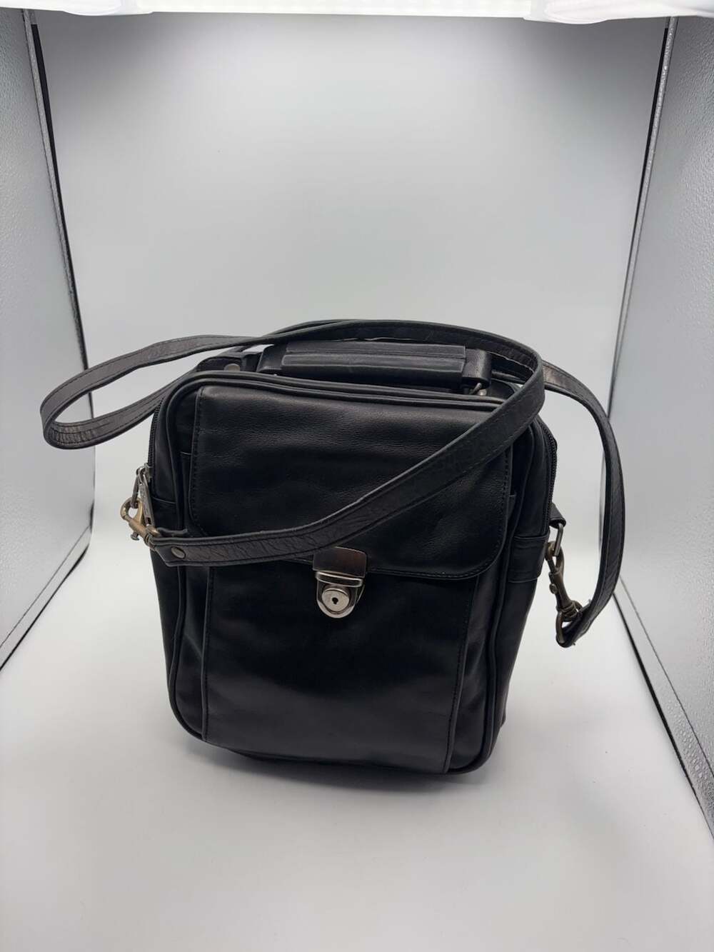 Tandi Vintage Black Leather Organizer Travel Crossbody Messenger Bag
